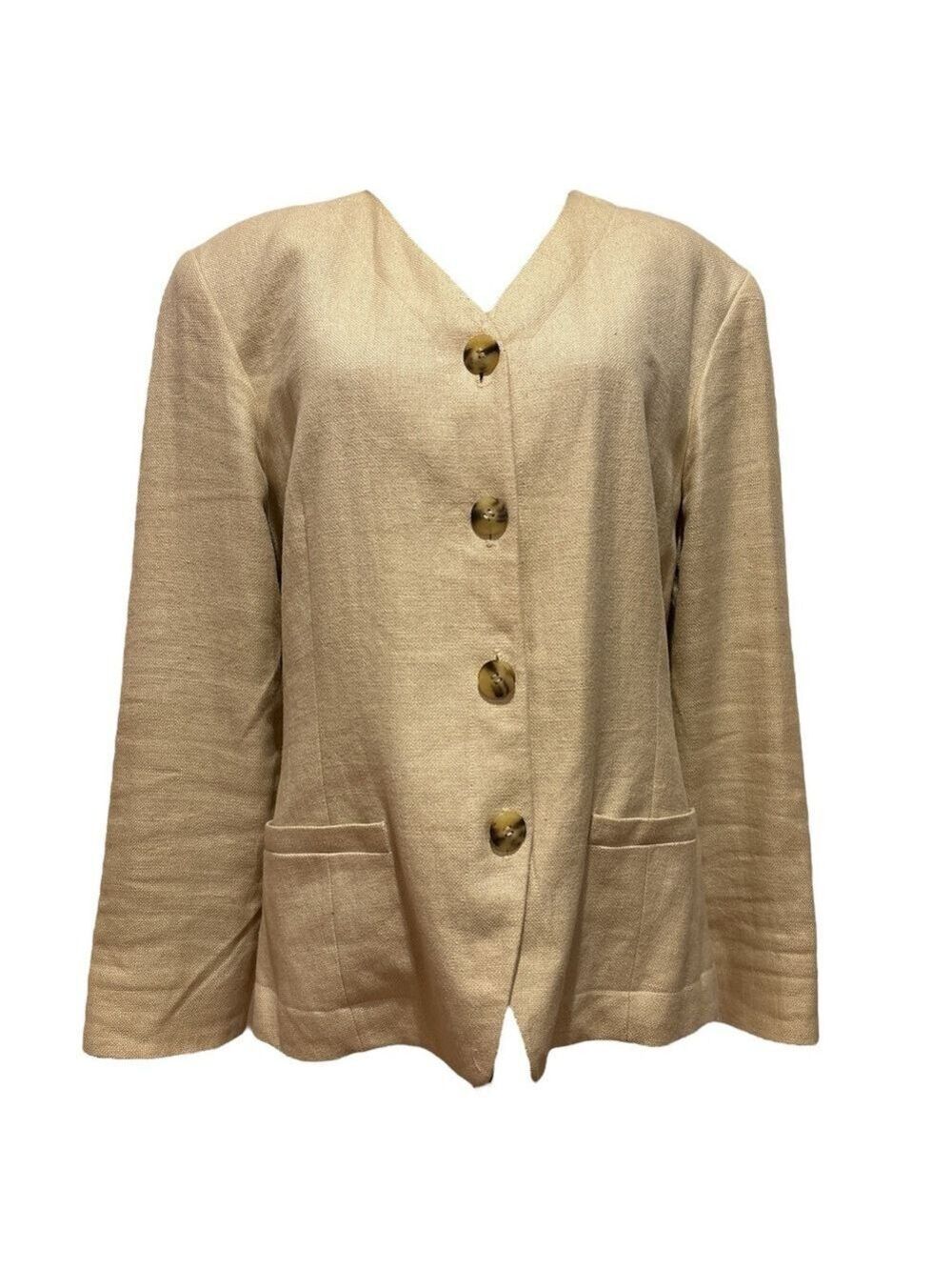 80s A+ELLEN NEUTRAL WOVEN LINEN COLLARLESS BLAZER EFFORTLESS QUIET LUXURY SZ 14 - Picture 3 of 6